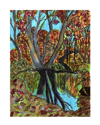 Fall Forest Pond - Alcohol Ink ACEO Drawing on Illustration Board aceo art card thumbnail 1