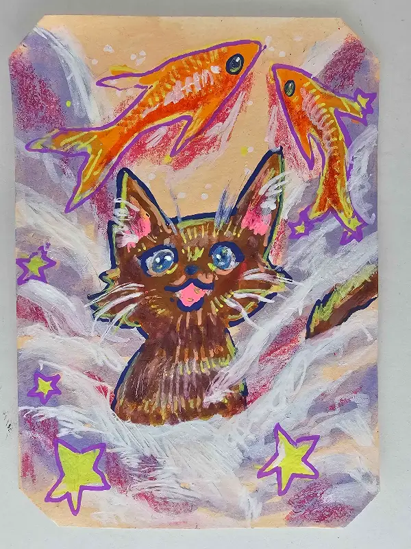 Hunting Fishies in the Clouds aceo art card