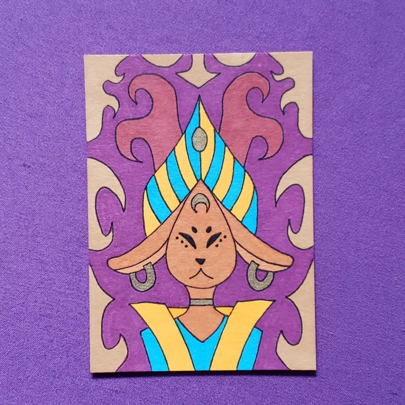 Original Fantasy Rabbit Creature Marker Illustration with Gold Details OOAK aceo art card