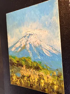 ACEO Original Blue Sky Mt. Fuji — Oil Pastel Impasto Impressionism. OOAK aceo art card thumbnail 2