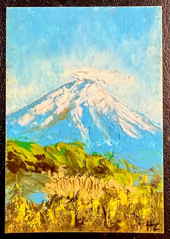 ACEO Original Blue Sky Mt. Fuji — Oil Pastel Impasto Impressionism. OOAK aceo art card