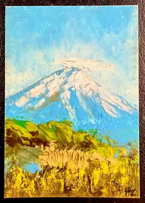 ACEO Original Blue Sky Mt. Fuji — Oil Pastel Impasto Impressionism. OOAK aceo art card thumbnail 1