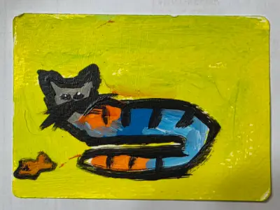 Cat & Fish aceo art card thumbnail 1
