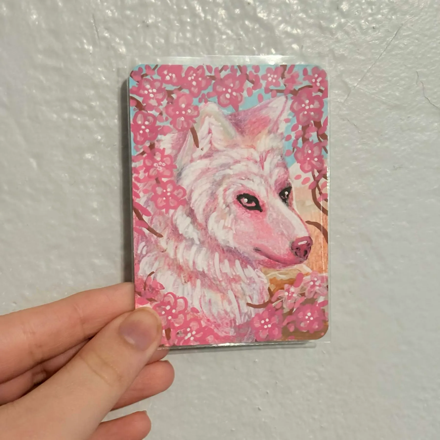 Pink Sakura Wolf, Cherry Blossoms Acrylic aceo art card