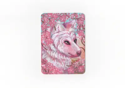 Pink Sakura Wolf, Cherry Blossoms Acrylic aceo art card thumbnail 2