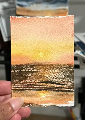 Golden Sunset Reflection – Original Watercolor ACEO Miniature Landscape aceo art card thumbnail 1