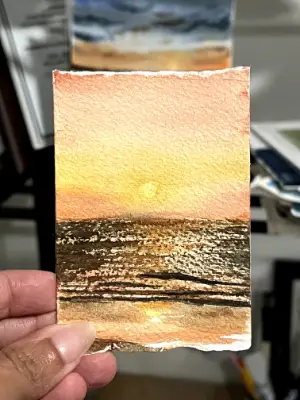 Golden Sunset Reflection – Original Watercolor ACEO Miniature Landscape aceo art card thumbnail 2