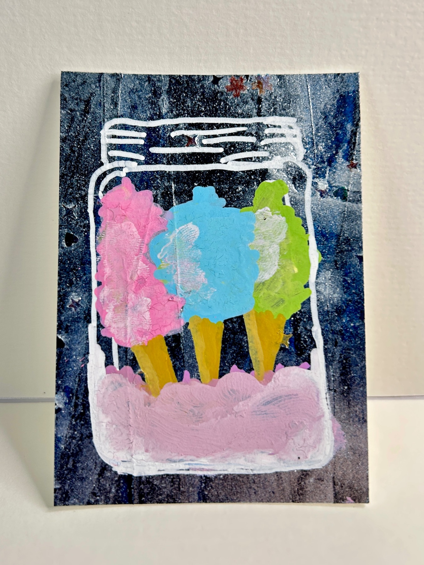 Cotton Candy in a Jar ACEO – Pastel Dessert Mini Painting – Whimsical Carnival Sweet Art Card aceo art card
