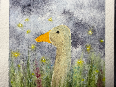 Meadow Duck with Fireflies aceo art card thumbnail 2