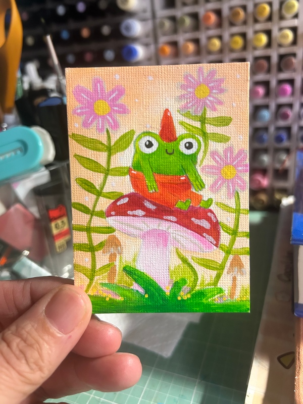 Froggy on a mushroom aceo art card