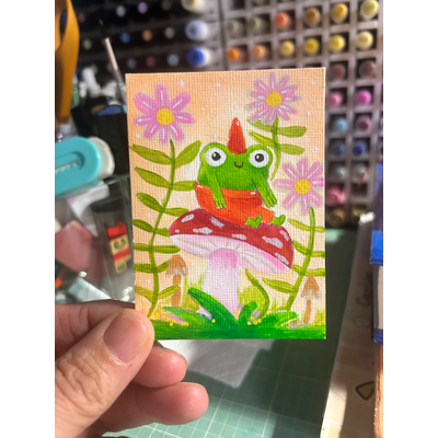 Froggy on a mushroom aceo art card thumbnail 1