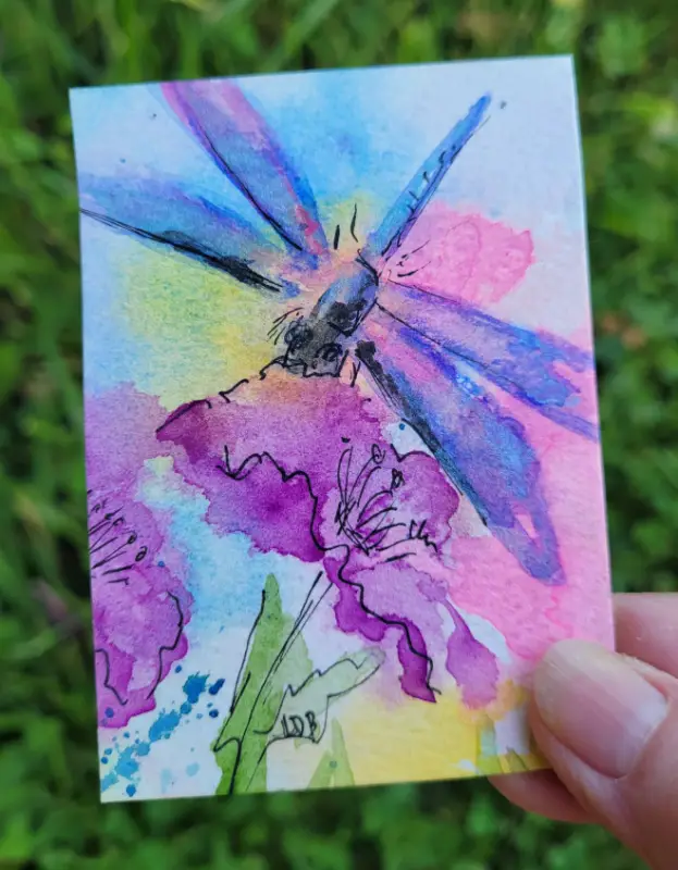 Dragonfly With Flowers aceo art card