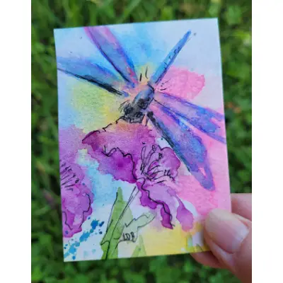 Dragonfly With Flowers aceo art card thumbnail 1