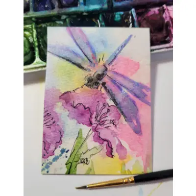 Dragonfly With Flowers aceo art card thumbnail 3