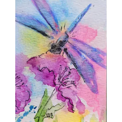 Dragonfly With Flowers aceo art card thumbnail 4
