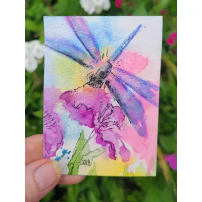 Dragonfly With Flowers aceo art card thumbnail 5