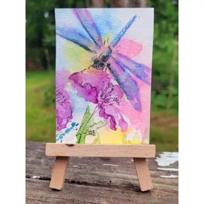 Dragonfly With Flowers aceo art card thumbnail 2