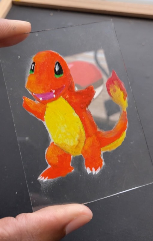ACEO Original Acrylic Glass Art Painting of CHARMANDER Pokemon |Handpainted Cards aceo art card