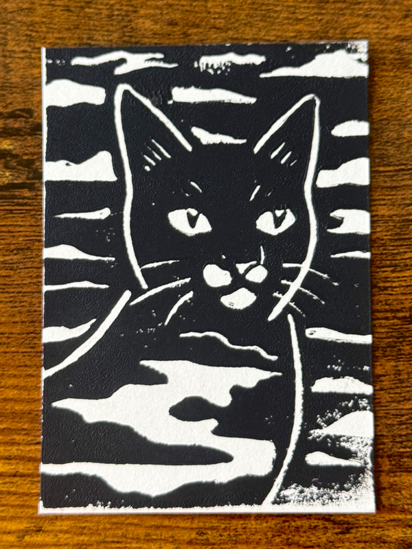 Cat in the Clouds, Black #4 - Hand-Carved Block Print aceo art card