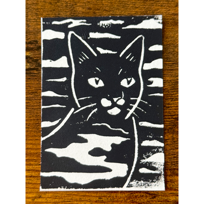 Cat in the Clouds, Black #4 - Hand-Carved Block Print aceo art card thumbnail 1