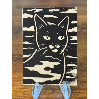 Cat in the Clouds, Black #4 - Hand-Carved Block Print aceo art card thumbnail 2