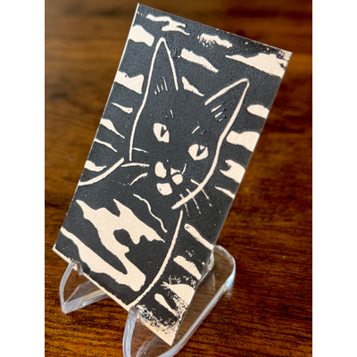 Cat in the Clouds, Black #4 - Hand-Carved Block Print aceo art card thumbnail 3