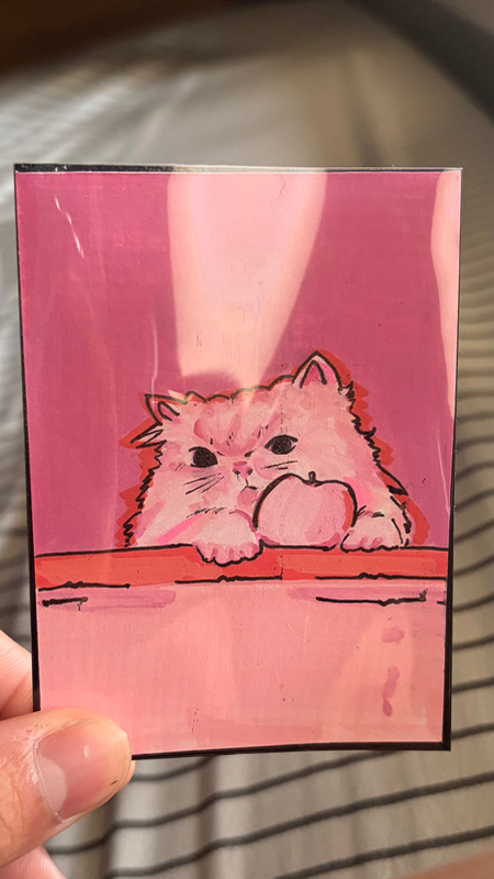 Cat adorable fluffy with apple | Pink Wall Cat Series #1 aceo art card