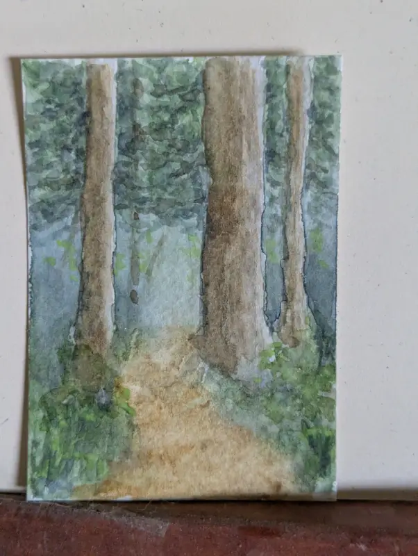 ACEO Original Watercolor NW Forest Path in Greens and Browns aceo art card