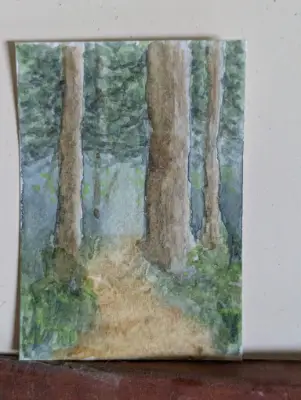 ACEO Original Watercolor NW Forest Path in Greens and Browns aceo art card thumbnail 1