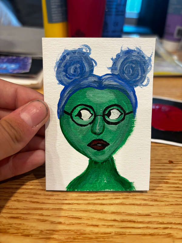 Green Girl with Blue Buns aceo art card