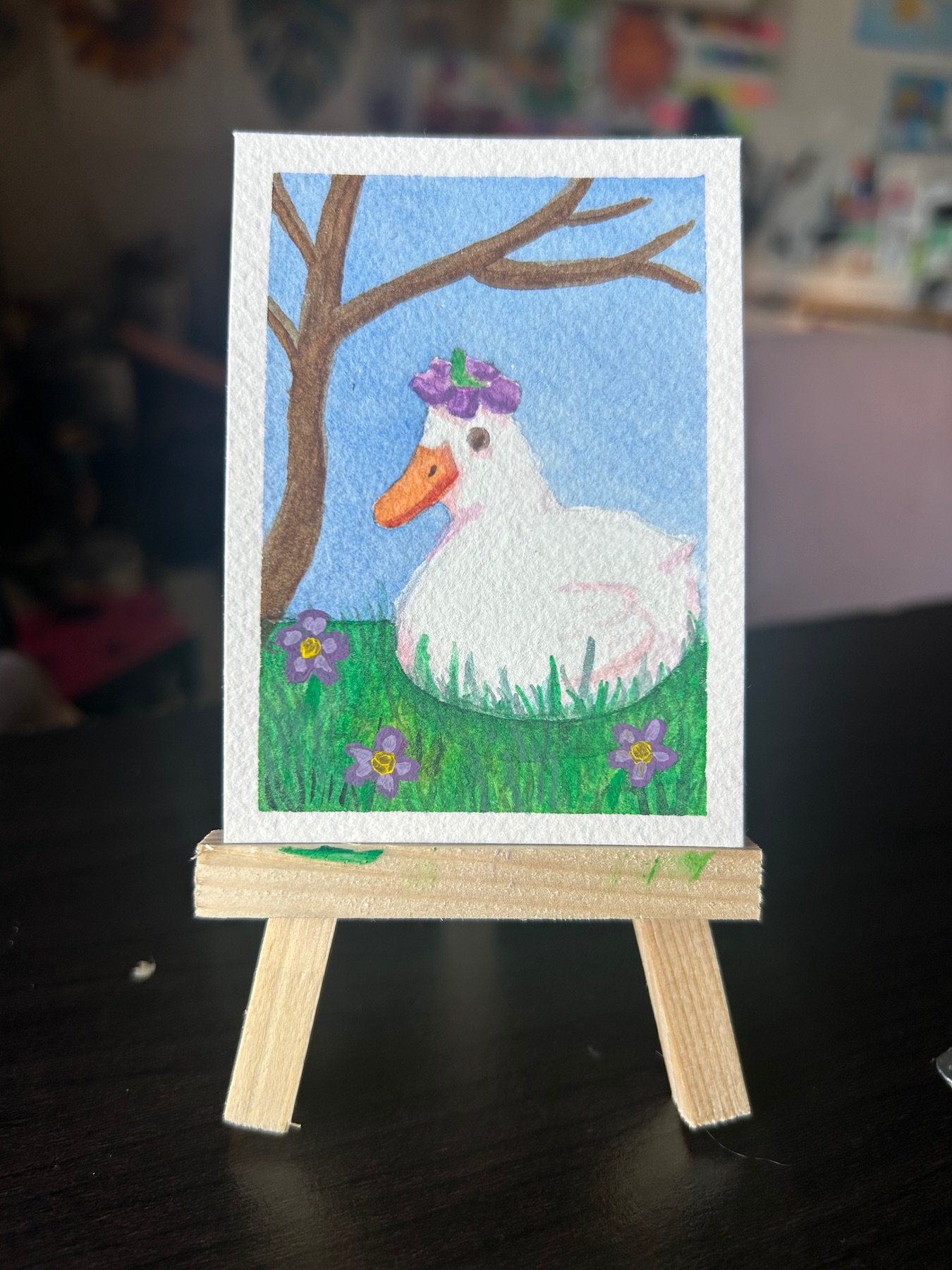 Duck with flower hat aceo art card