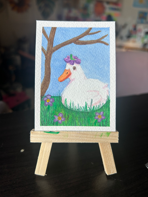 Duck with flower hat aceo art card thumbnail 1