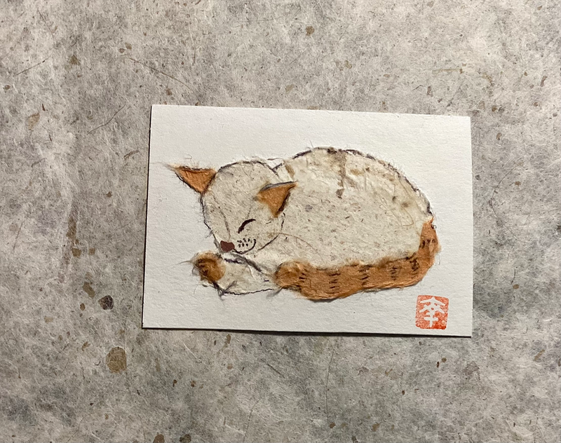 Japanese washi art - Nap time aceo art card