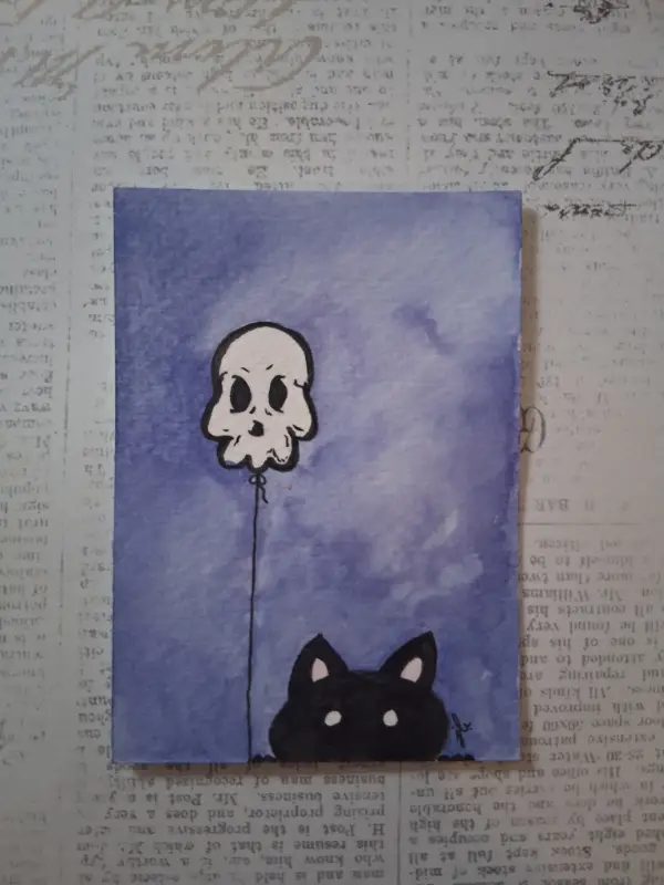 Cat with a Balloon aceo art card