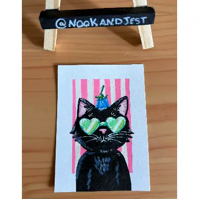 Black cat with green sunglasses - acrylic marker on bristol paper aceo art card thumbnail 2