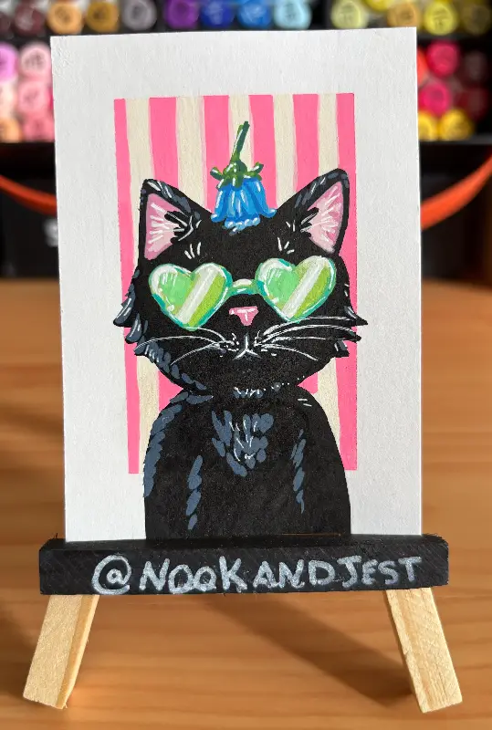 Black cat with green sunglasses - acrylic marker on bristol paper aceo art card