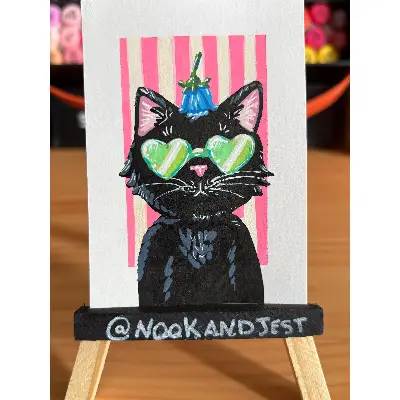 Black cat with green sunglasses - acrylic marker on bristol paper aceo art card thumbnail 1