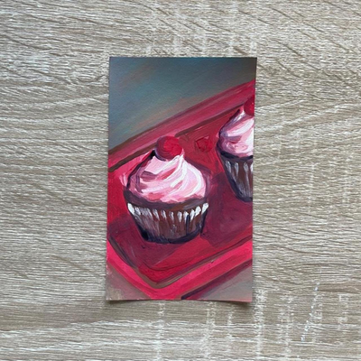 Two Pink-Frosted Cupcakes ACEO Painting aceo art card thumbnail 2