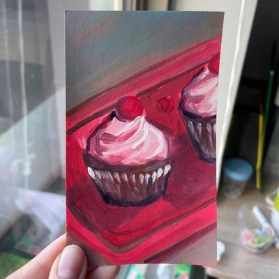 Two Pink-Frosted Cupcakes ACEO Painting aceo art card thumbnail 1