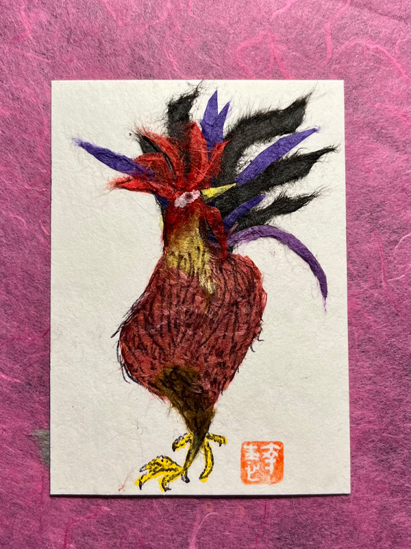 Japanese Washi art- Rooster wine aceo art card