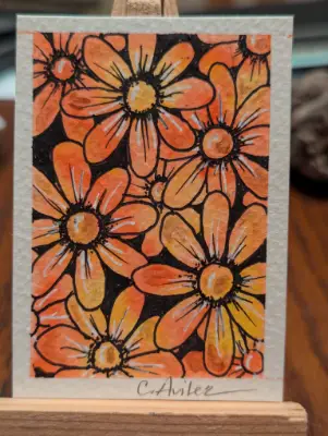 ACEO Unique watercolor and ink orange shimmery flowers aceo art card thumbnail 1
