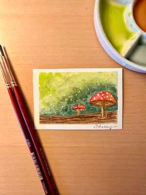Red Mushroom Duo ACEO Watercolor Original Whimsical Forest Miniature aceo art card thumbnail 2