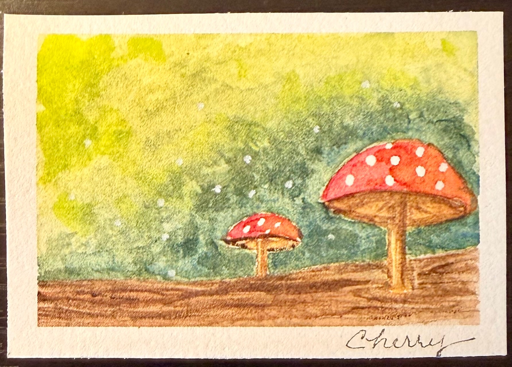 Red Mushroom Duo ACEO Watercolor Original Whimsical Forest Miniature aceo art card