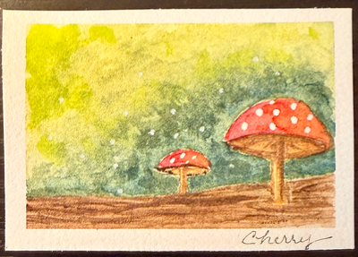 Red Mushroom Duo ACEO Watercolor Original Whimsical Forest Miniature aceo art card thumbnail 1