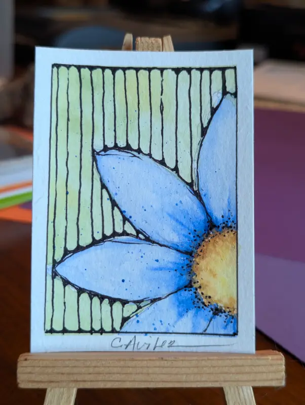 ACEO Original Watercolor and Ink Blue Flower with Background Lines aceo art card