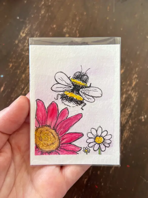 Bumble bee and flowers. aceo art card