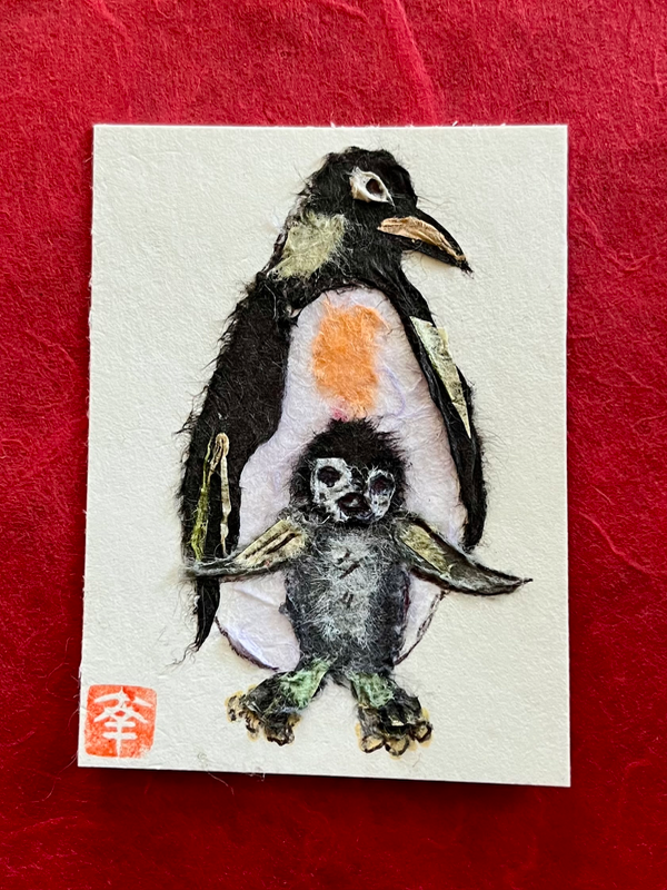 Japanese Washi art - penguin mom&me aceo art card