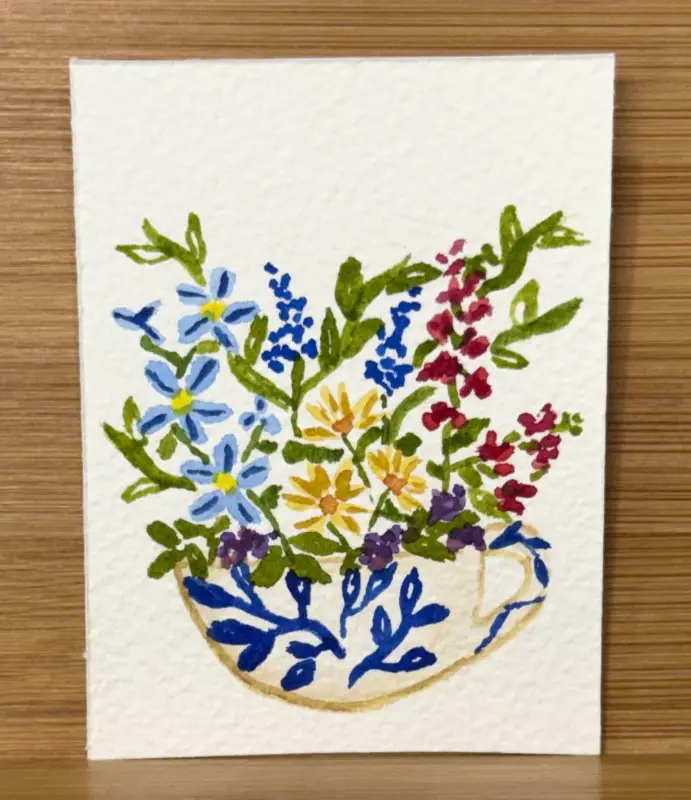 Blue & White Floral Teacup with Wildflower aceo art card