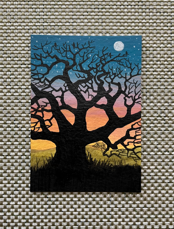 “The Moon and Tree Trade Stories” Moon, Vibrant Sky, Moon, Tree Silhouette aceo art card