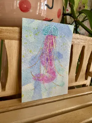 Copper Drift – Jellyfish ACEO Original Watercolor with Metallic Details | Ethereal Ocean Mini Art aceo art card thumbnail 1